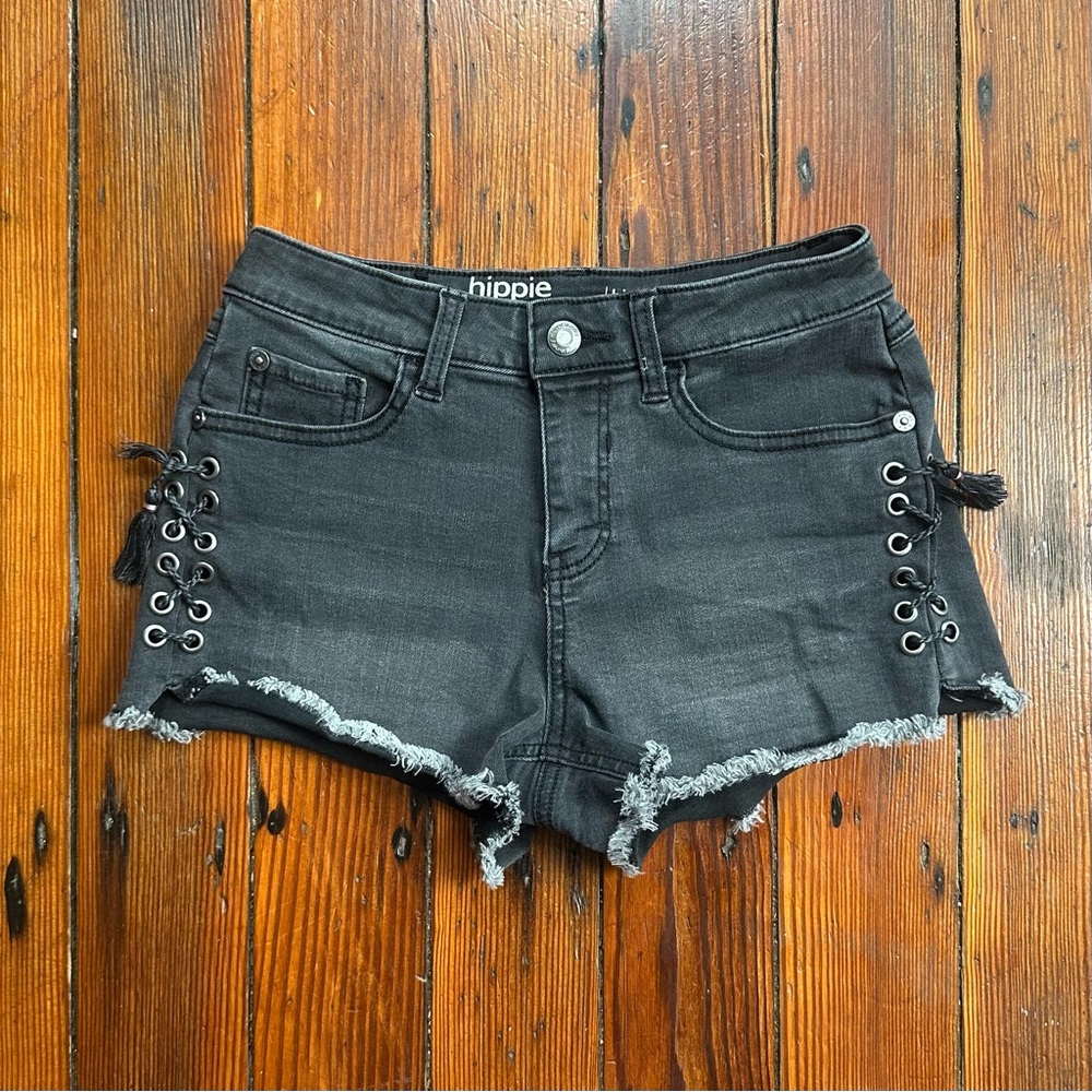 Hippie Laundry High Rise Shortie washed black denim shorts laced sides